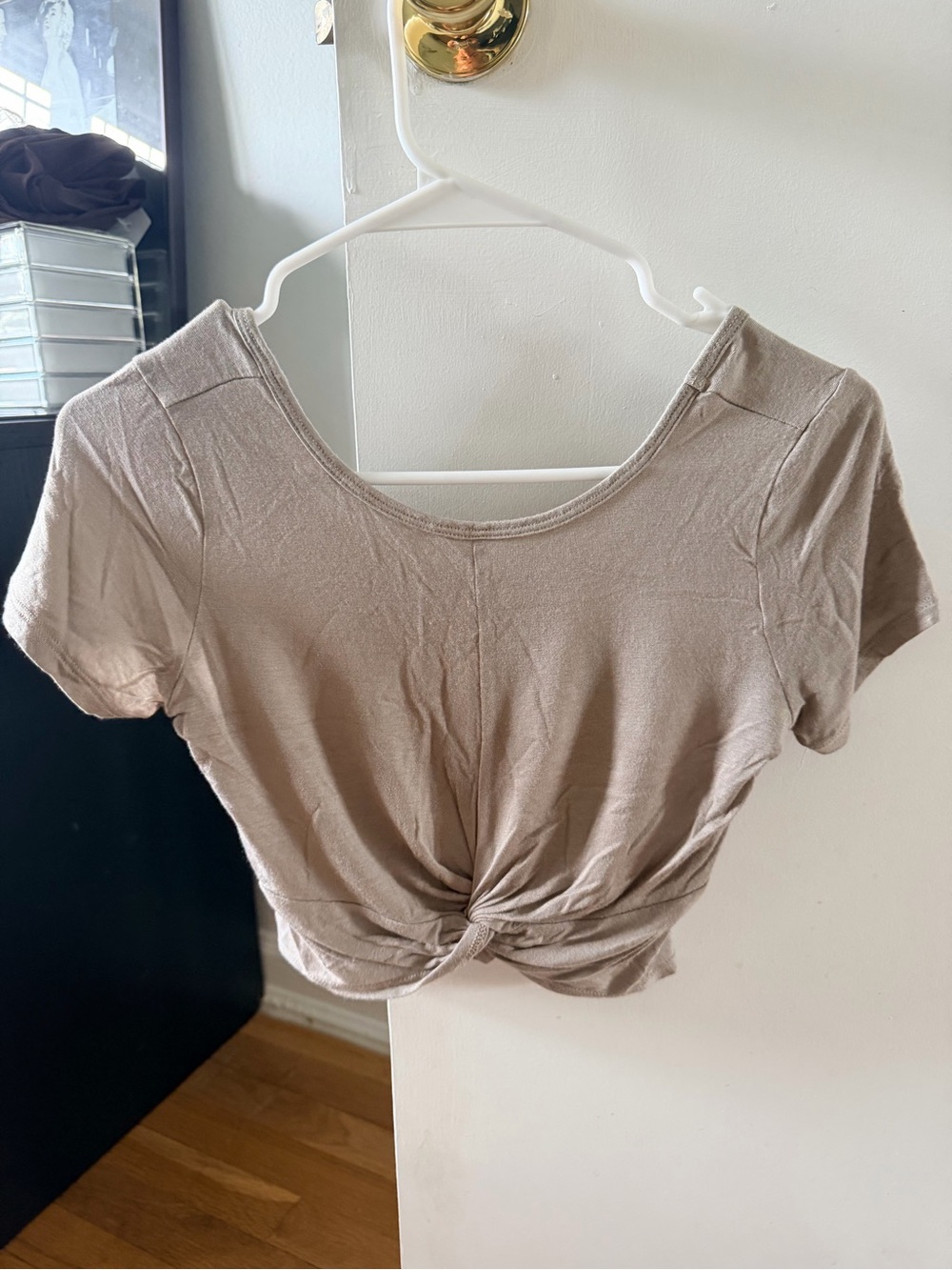 Beyond Yoga- Women’s Short Sleeve Twist-Front Crop Top - Taupe